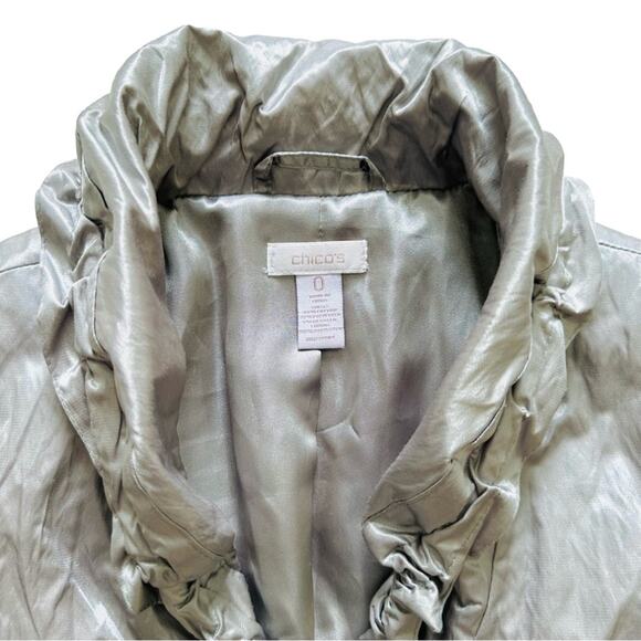 Chico’s Jacket Gray Green Metallic 3/4 Sleeve Ruffle Collar Rain Jacket Small - Picture 7 of 11